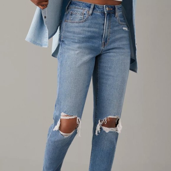 AE High Rise Distressed Mom Jean X-Long with Comfort Stretch Waistband - Picture 2 of 9